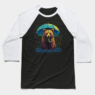 Grizzly Bear Rainy Day With Umbrella Baseball T-Shirt